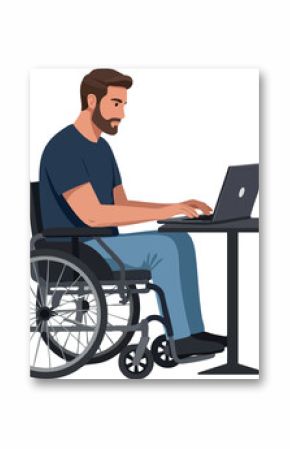 Man working on laptop in wheelchair at desk vector illustration for accessibility and remote work concepts 