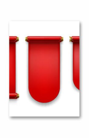 Chinese scroll paper set with red banners and decorative handles for royal announcements. Traditional blank parchments with rectangular, rounded and pointed edges. Ceremony templates for messages