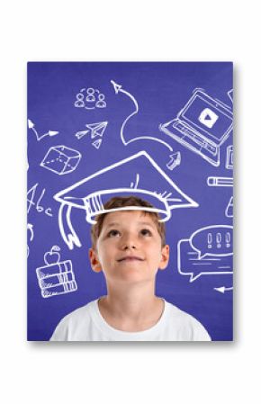 Kid imagining education with doodles on chalkboard background in