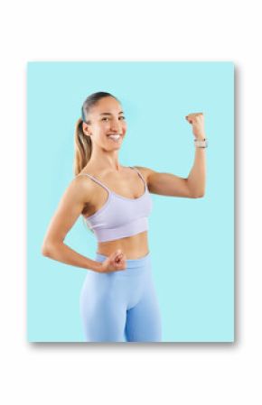 Athletic young woman on blue background shows biceps, close-up. Portrait of trainer girl in sportswear. Concept sports person, physical exercise, portrait sportswoman, bodybuilding