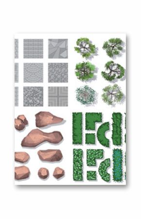 Top view of vector set for landscape design of park. Pavements, architectural elements, trees, stones. Fences, paths, tile. View from above. Aerial.