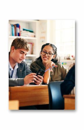 Learning, students or friends with phone in classroom for research, online course or smile. Teenager, boy and girl with mobile for education assignment, scholarship or chat for high school curriculum