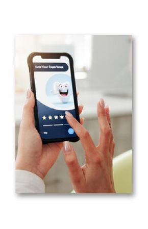 Hands, woman and phone screen in dentist office for consultation, inquiry and service reviews. Person, patient and mobile app for dental website, appointment survey and information for oral treatment