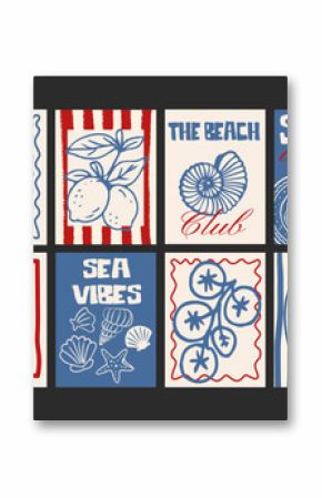 Sea summer posters beach coast ocean in minimalist. Wall decor, trendy banners of vibe, fruits, plants, cocktails in the cartoon. Decor of wallpaper, walls, print and postcard