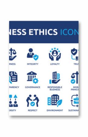 Business ethics icon set. Compliance, fairness, integrity, loyalty, trust, equality, code of conduct, honesty, anti corruption, transparency. Solid vector symbol collection.