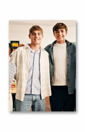Portrait, high school students and group with hug for support, academic development or learning. Teenager, boys and girls embrace in classroom together with smile, happiness or education with friends