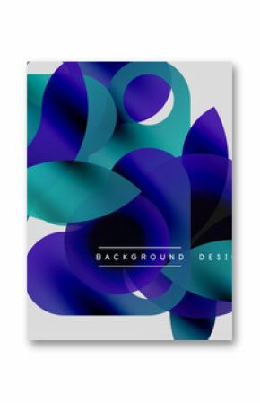 Abstract fluid shapes overlap, creating vibrant color gradients. Modern design elements suggest dynamic movement, texture, depth.