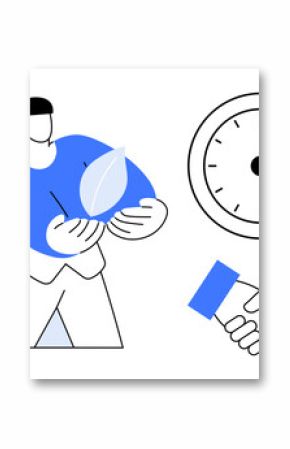Woman holding a leaf, handshake, and clock representing environmental care, teamwork, and productivity. Ideal for sustainability, collaboration, time management, ecology partnerships business