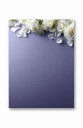 Beautiful white roses arranged elegantly with scattered petals on soft gray background create serene and romantic atmosphere, perfect for celebrations or special occasions