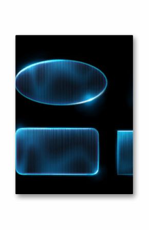 Ribbed glass frames with glossy neon blue glow on black background for modern interface and display design. Transparent panels with vertical lines for futuristic UI elements or digital presentations.