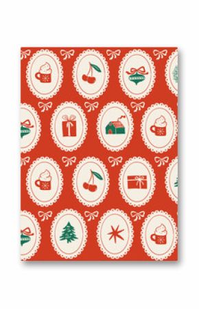 Christmas pattern. Seamless pattern with frames, Xmas tree, gift, stars, cherry elements