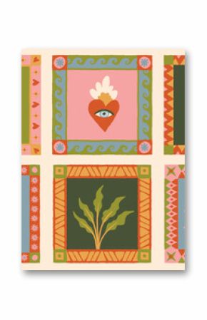 Vector whimsical tropical art clipart with tropical animals and birds, with decorative frames and borders, abstract nursery prints and posters with hand-drawn illustrative simple graphics