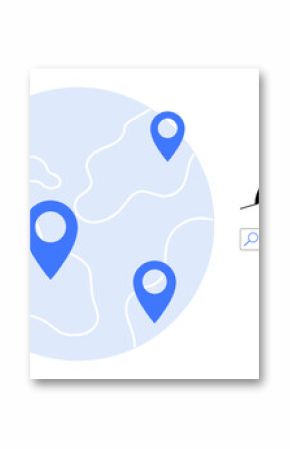 Map with location markers, woman portrait, man searching using magnified screen, buildings. Ideal for navigation, global reach, data analysis, teamwork, research technology simple flat metaphor