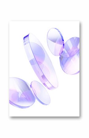 3d crystal light holographic glass round disks on light background. Abstract circle discs with iridescent gradient, glare and motion effect. Render geometric cylinder plate shapes