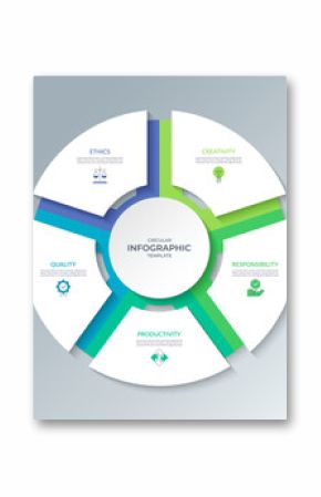 Infographic circle with 5 steps, parts, options. Cycle diagram that can be used for report, business analytics, data visualization, presentation, educational content.