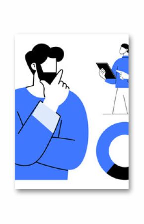 A man thinking with hand on chin, a woman analyzing data on a tablet, and a pie chart. Ideal for business analysis, teamwork, data visualization, brainstorming, planning, technology simple landing