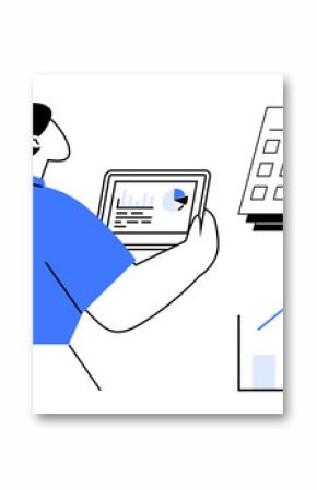 Woman reviewing analytics on a tablet, a detailed calendar, and a bar chart with an arrow pointing upward. Ideal for planning, management, growth, project scheduling, finance, productivity analysis