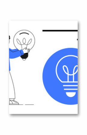 Person lifting a large lightbulb symbolizing creativity, innovation, and ideas. Blue circle highlights lightbulb concept. Ideal for creativity, innovation, brainstorming, business strategy, learning