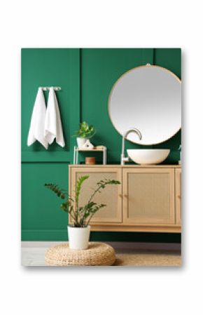 Modern sink, cabinet and houseplants near green wall in interior of bathroom