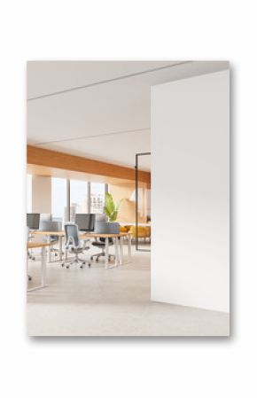 Modern open-plan office interior with large blank wall for poster mockup and panoramic city view windows, featuring minimalist design elements. 3D Rendering