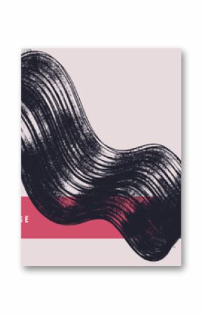 Black spiral brush strokes with grainy spray effect. Hand drawn curved lines form a bold horizontal banner. Distressed vector retro background with rough texture, scattered small dotted details.