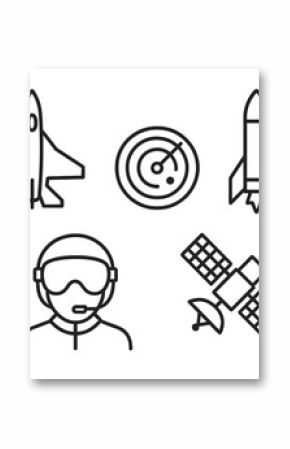 Military aviation and aerospace technology line icon set with fighter jet, radar, rocket, pilot, and satellite symbols