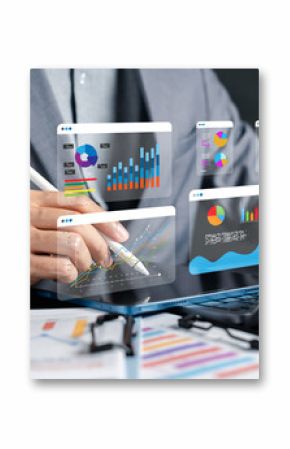 Investment strategy planning with digital charts, graphs, and financial reports, showing data analysis, market trends, economic growth, business forecasting, and financial decision making for success.