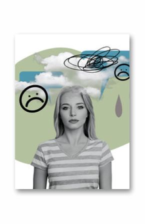 Composite trend artwork collage of monochrome young woman sad face cry drops water cloud bad weather stress negatife mental health help