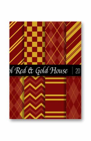 Wizard School Scarlet Red and Gold House Vector Patterns. Preppy Argyle, Stripes, Checks, Tartan Plaid and Harlequin. Repeating Pattern Tile Swatches Incl.