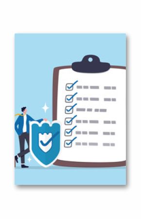 Insurance shield protection, support or guarding coverage policy, advantage checklist or contract document, threat or assurance guarantee, businessman agent with shield and checklist clipboard.