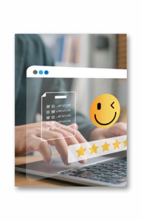 Customer giving five-star satisfaction feedback on laptop with smiley face emoji, representing positive online review, quality service, and user experience improvement.