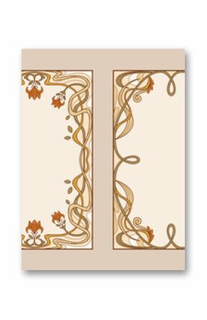 Vintage ornamental designs in art nouveau style with floral frame borders for elegant presentations. Botanical panels with intertwined vines and blooms. Decorative templates for invitations.