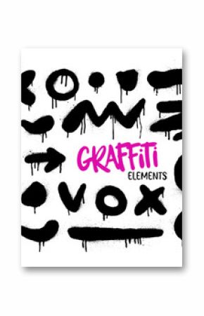 Spraypaint graffiti element set. Urban street art grunge brush stroke, dot, arrow and smears with drips and splatters. Dirty messy airy ink stroks, circles and blots. Vandal graphic elements.