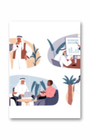 Arabian business people set. Arab Muslim characters in office. Women in hijabs, Arabic men, Saudi and UAE professional teams at work, meetings. Flat vector illustration isolated on white background