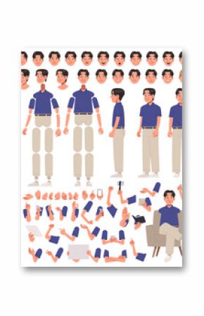 Happy asian man character. Set of hands legs body and head positions for creating animations and your own illustrations. DIY kit