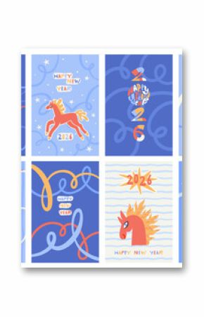Happy New Year 2026 winter backgrounds set. Hand drawn greeting card poster rectangle templates collection. Serpentine spiral doodle uneven lines stripes pattern. Fire horse cartoon cute illustration