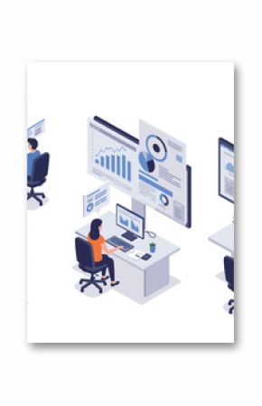 Modern isometric office workspace with analytics and technology