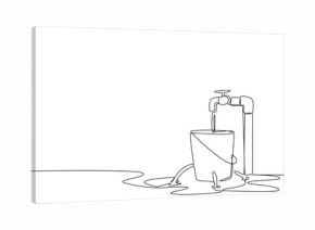 Single continuous line drawing water leaks out of a bucket with holes filled with taps and puddles. Neglect becomes waste. Broken. National Hole In My Bucket Day. One line design vector illustration