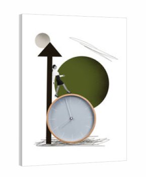 Vertical photo collage of happy businesswoman walk huge dial clock arrow success deadline career growth isolated on painted background