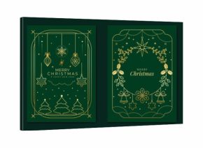 Elegant Merry Christmas and Happy New Year greeting card vector set with gold line art decorations, green background, holiday frames for celebration