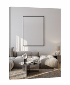 Modern Living Room Poster Frame Mockup with Natural Light and Minimalist Decoration. 3D render.