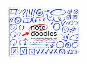 Hand drawn blue highlights, underlines and emphasis crayon elements. Blue pen check marks, ovals and school notebook vector shapes for hand drawn notes. Checkered paper sheet.