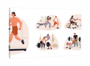 Sports workout with professional coach supervision set. Individual fitness instructor, personal trainer guiding gym session, physical exercises. Flat vector illustration isolated on white background