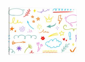 Line icon cute element set. Doodle line color icon decorative arrow, cloud, crown, sparkle and flower. Hand drawn heart, sketchy figure, funny outline and cartoon ribbon for kids. Vector illustration