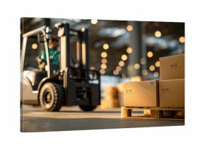 Forklift moving boxes in a large warehouse setting