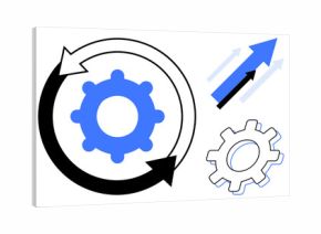 Blue gear surrounded by circular arrows, upward arrow icons symbolize progress, efficiency, and innovation. Ideal for workflow, automation, strategy, growth, optimization systems development