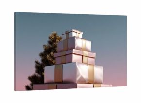 Stack of three gift boxes with gold ribbons tied around them. the boxes are arranged in a pyramid-like shape, with the top box slightly higher than the bottom one.