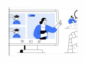 Educator pointing during live virtual lesson with students on video call. Factory emissions and researcher with magnifying glass. Ideal for remote education, environment, sustainability, analysis