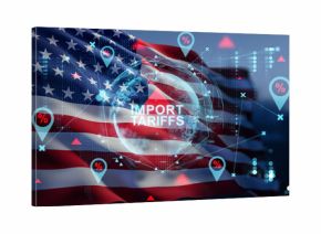 Digital concept of import tariffs with holographic globe and data symbols over American flag background representing global trade regulations. 3D Rendering