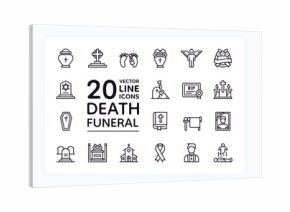 Funeral icons. Line death, religious bible and church, coffin service. Catholic, Christian church, graveyard religion memorial symbols. RIP sign pictograms collection. Vector outline set